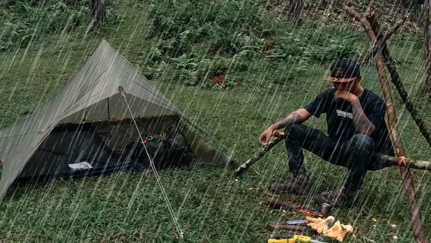 bushcraft camping in heavy rain